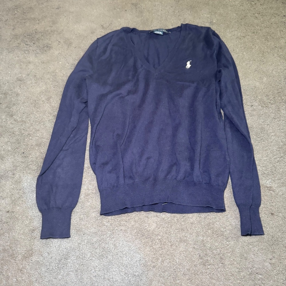 Ralph Lauren Navy Blue V-Neck Pima Cotton Sweater Italian Yarn Size M